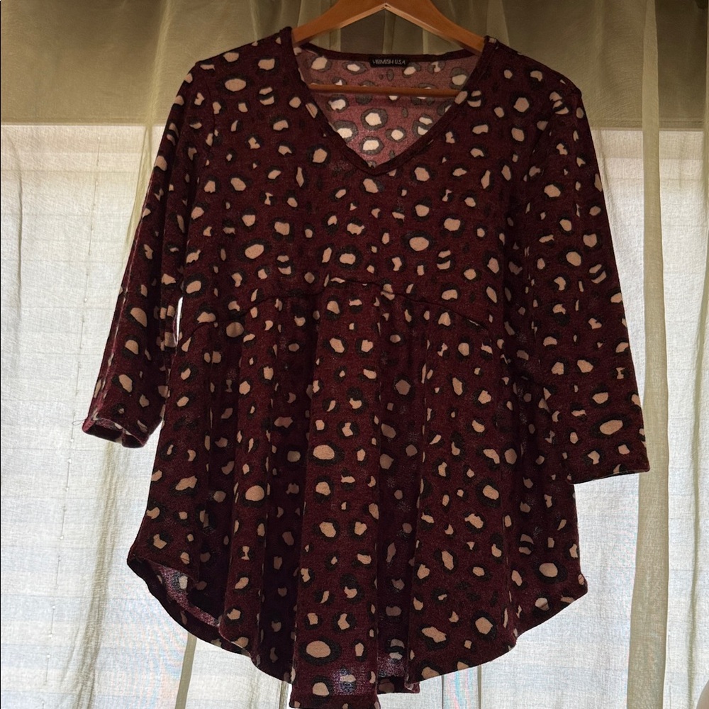 HEIMISH USA Burgundy and Blush Animal Print V-Neck Tunic